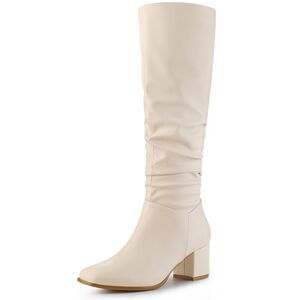 Square Toe Chunky Heel Slouch Knee Highs Boots Cream